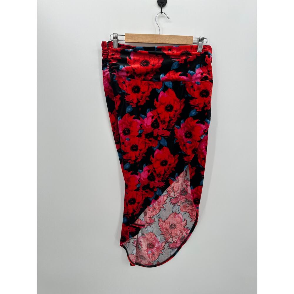 Bar III Womens Red Floral Midi Velvet Skirt Size M Holiday Party Event Stretch